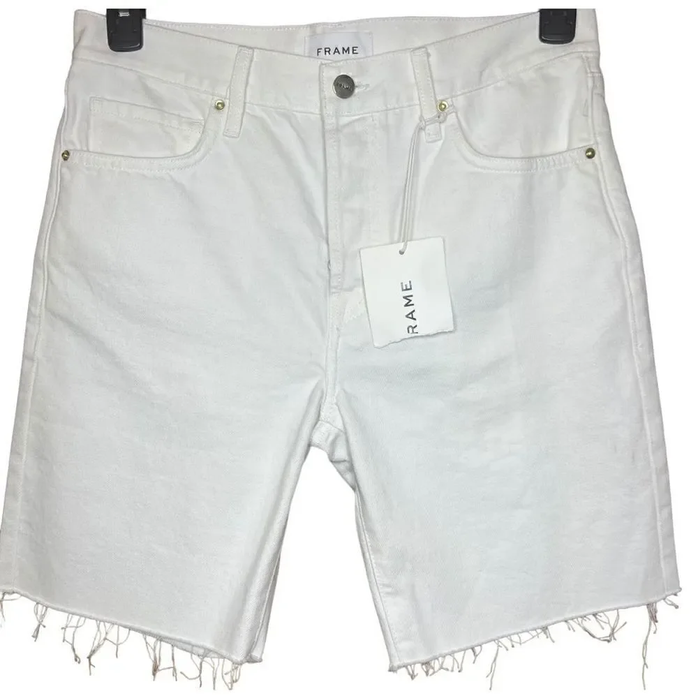 FRAME Le Slouch Bermuda White Raw Hem Denim Jean Shorts NWT sz 26